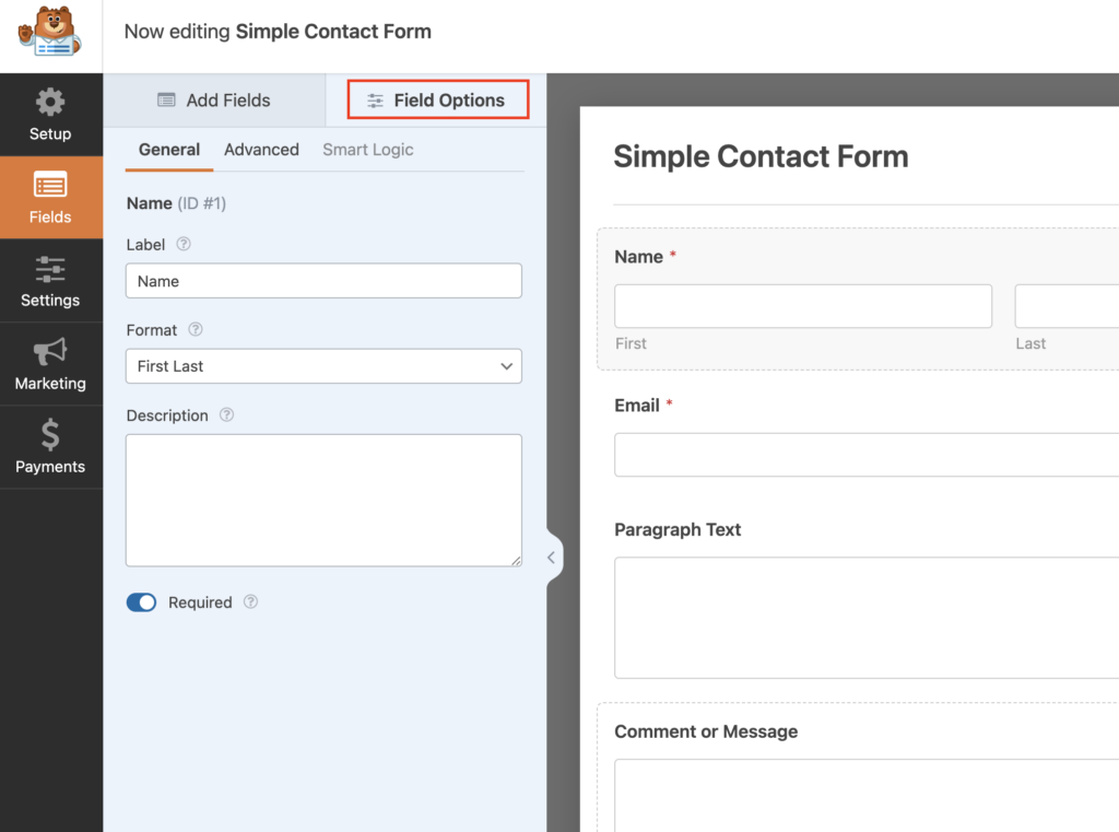 Configuring Contact Form with Fiels options